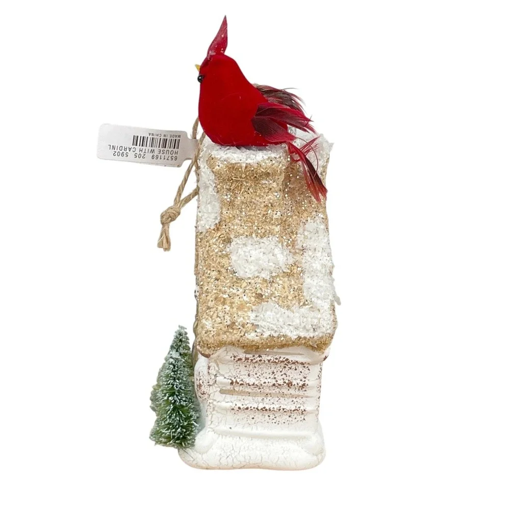 Pottery Barn Glass Christmas Cottage Ornament Red Cardinal Trees Glitter Trim